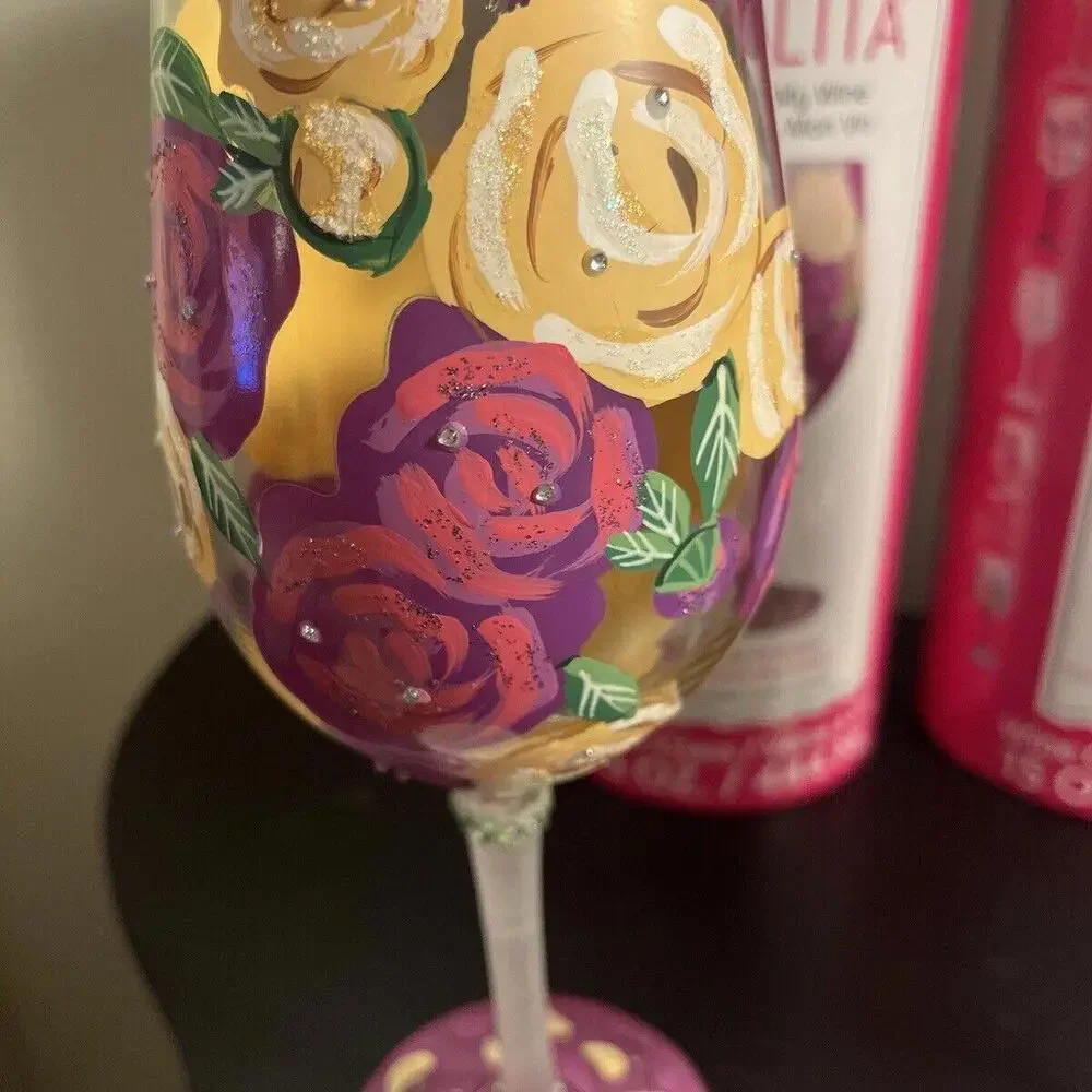 LOLITA Hand Painted Wine Glass Purple And Yellow “Coming Up Roses” - Picture 6 of 9